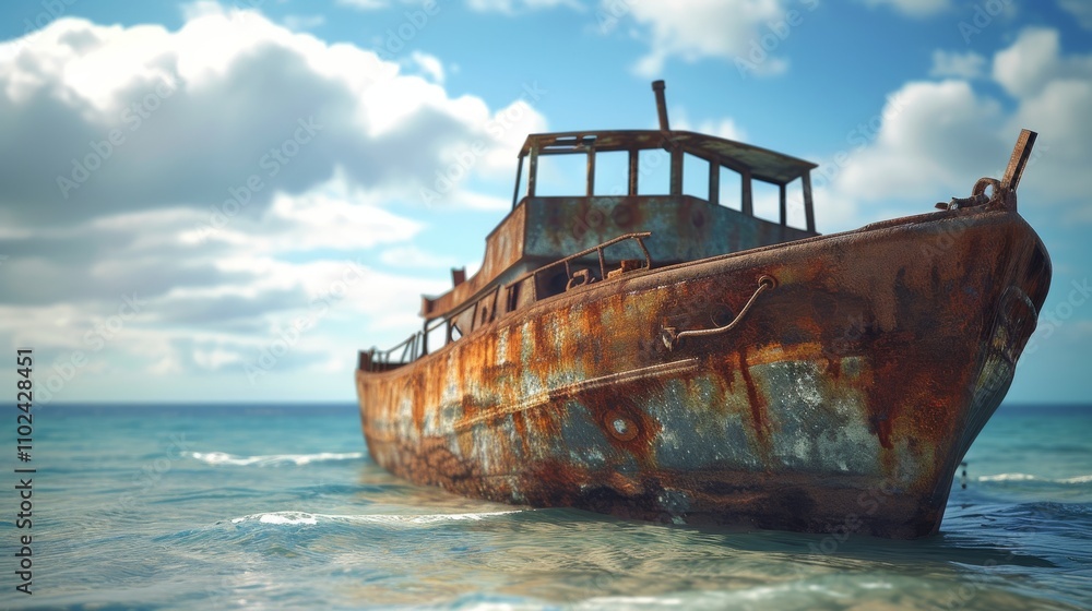 A rusting shipwreck rests along the ocean shore beneath a blue sky, its corroded surface showcasing the passage of time. Ideal for designs invoking maritime nostalgia and industrial decay. AI A rusting shipwreck rests along the ocean shore beneath a blue sky, its corroded surface showcasing the passage of time. Ideal for designs invoking maritime nostalgia and industrial decay. AI