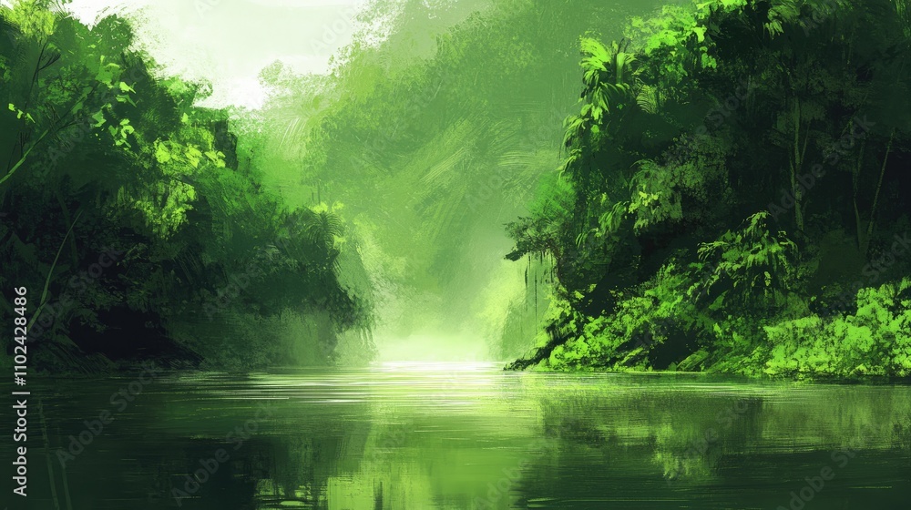 Lush green rainforest river scene with misty atmosphere. Lush green rainforest river scene with misty atmosphere.