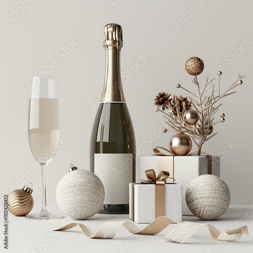 A champagne bottle with a poured glass surrounded by festive decorations and gifts. This elegant serving piece is perfect for holiday gatherings and Christmas celebrations photo