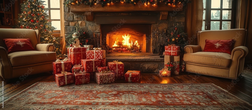 Cozy living room with a fireplace, Christmas tree, and presents. Cozy living room with a fireplace, Christmas tree, and presents.