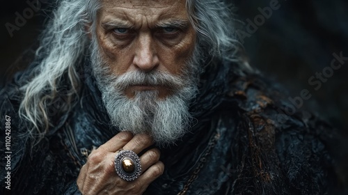 An elder with a majestic beard and piercing eyes stands in a dark, enchanted forest at twilight, adorned with a magnificent ring that reflects wisdom photo