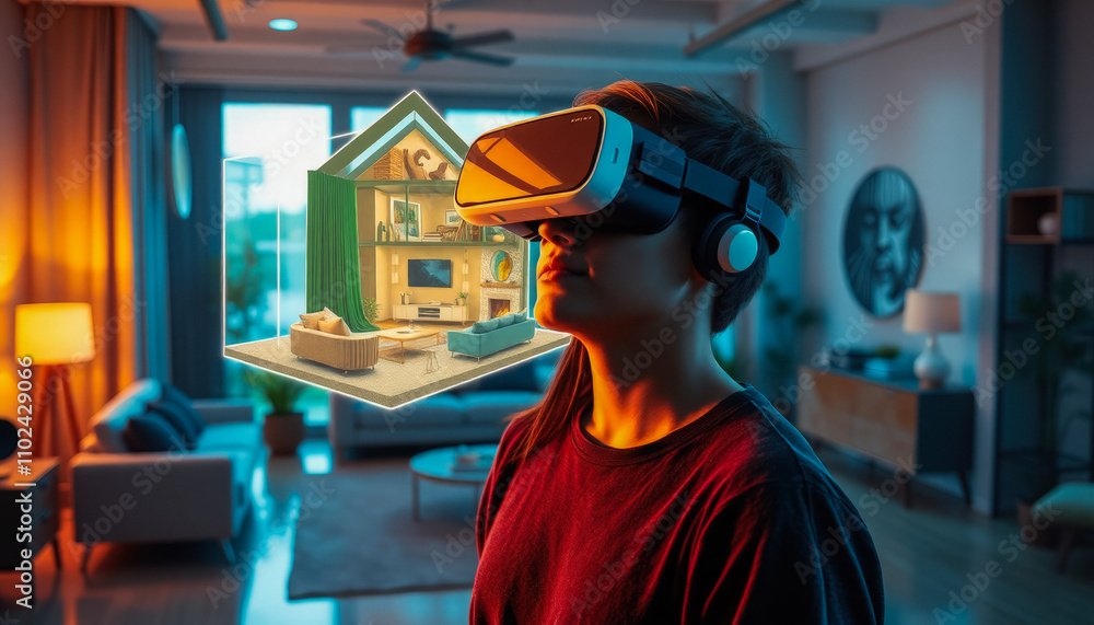 A man using a VR headset to visualize and interact with a virtual home design model in a modern living room. A man using a VR headset to visualize and interact with a virtual home design model in a modern living room.