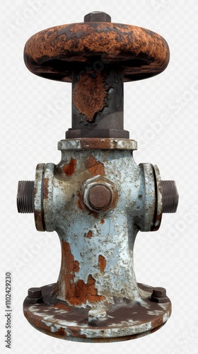 Close-up of an old, rusted valve with peeling paint and visible corrosion, capturing the texture and aging of industrial machinery. Ideal for steampunk or vintage themes. AI generated.