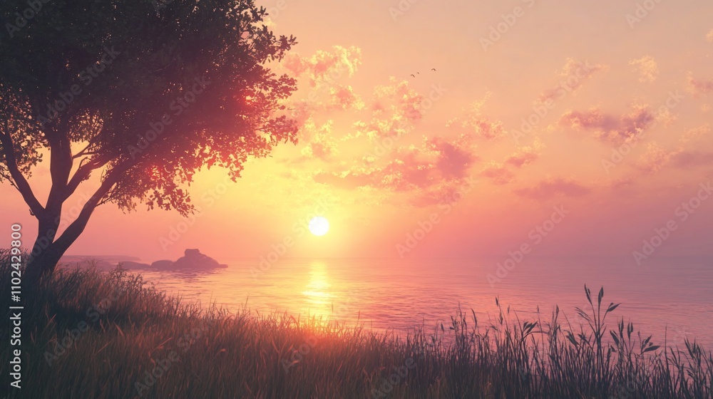 Peaceful sunset over a tranquil ocean with a lone tree on a grassy hill. Peaceful sunset over a tranquil ocean with a lone tree on a grassy hill.