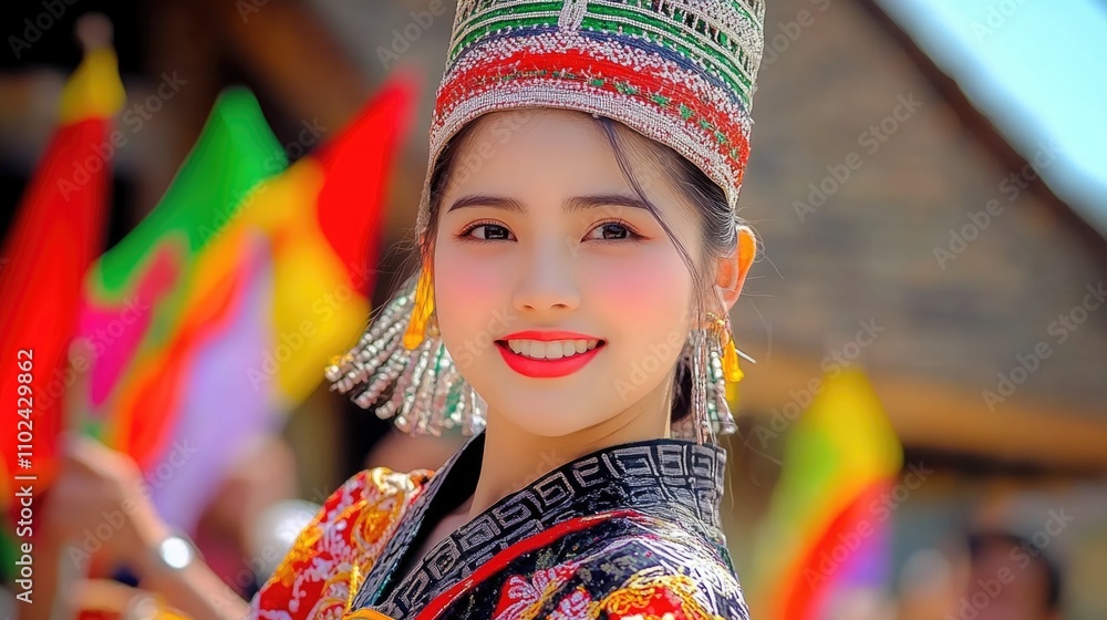 Asian young female in traditional colorful costume with vibrant background Asian young female in traditional colorful costume with vibrant background