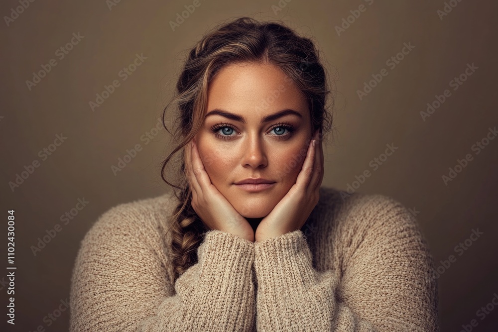 Caucasian female young adult with braided hair posing in cozy sweater Caucasian female young adult with braided hair posing in cozy sweater