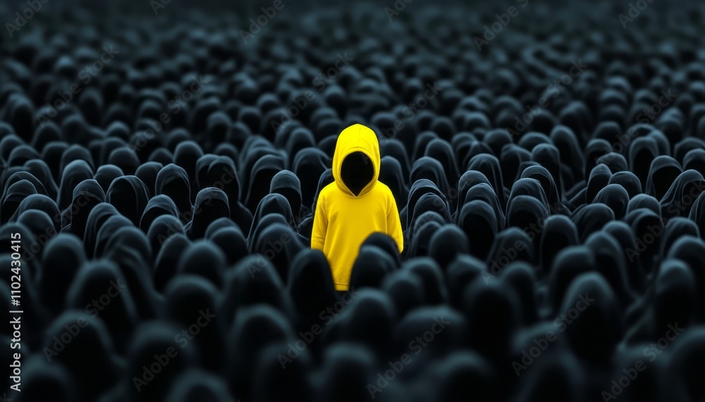 Obraz premium A person wearing a yellow hoodie contrasts sharply with numerous dark figures around them