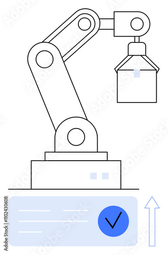 Robotic arm with gripping tool above digital check mark and upward arrow. Ideal for manufacturing, robotics, industrial automation, AI, quality control, logistics, and productivity. Line metaphor