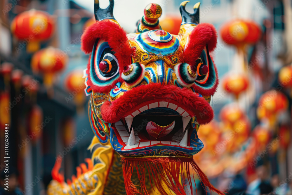 Vibrant Chinese lion dance performance during a festival, featuring a colorful lion costume with red and gold details, set against a lively backdrop of lanterns and crowds. Vibrant Chinese lion dance performance during a festival, featuring a colorful lion costume with red and gold details, set against a lively backdrop of lanterns and crowds.