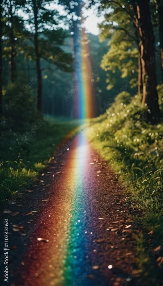 A vibrant rainbow stretches down towards the grass, creating a beautiful display in a sunlit garden. Lush greenery surrounds the scene, enhancing its natural beauty. Generative AI A vibrant rainbow stretches down towards the grass, creating a beautiful display in a sunlit garden. Lush greenery surrounds the scene, enhancing its natural beauty. Generative AI