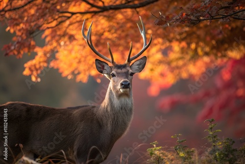 An adult deer with large antlers gazes directly at the camera, surrounded by vibrant autumn leaves in warm, seasonal hues

 photo