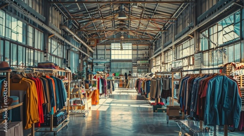 A wide shot of a retail store inside a large industrial warehouse with clothing racks and natural light.