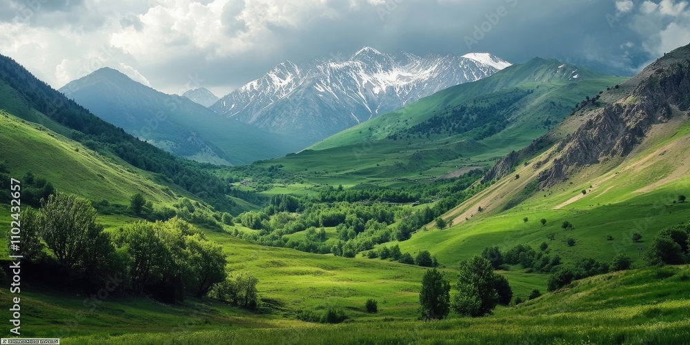 Obraz premium Scenic Valley Embraced by Majestic Mountains: A Lush Green Landscape with Forests, Peaks, and Rocky Outcrops