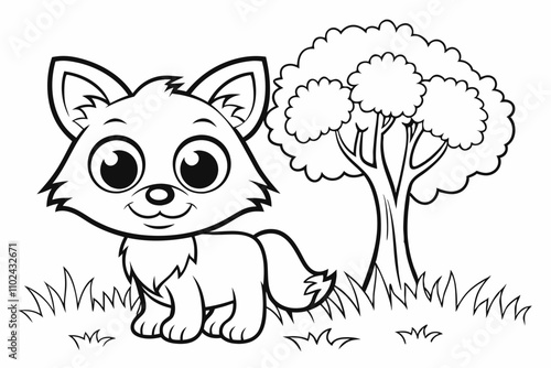 cute Coyote, some grass and a tree, coloring book