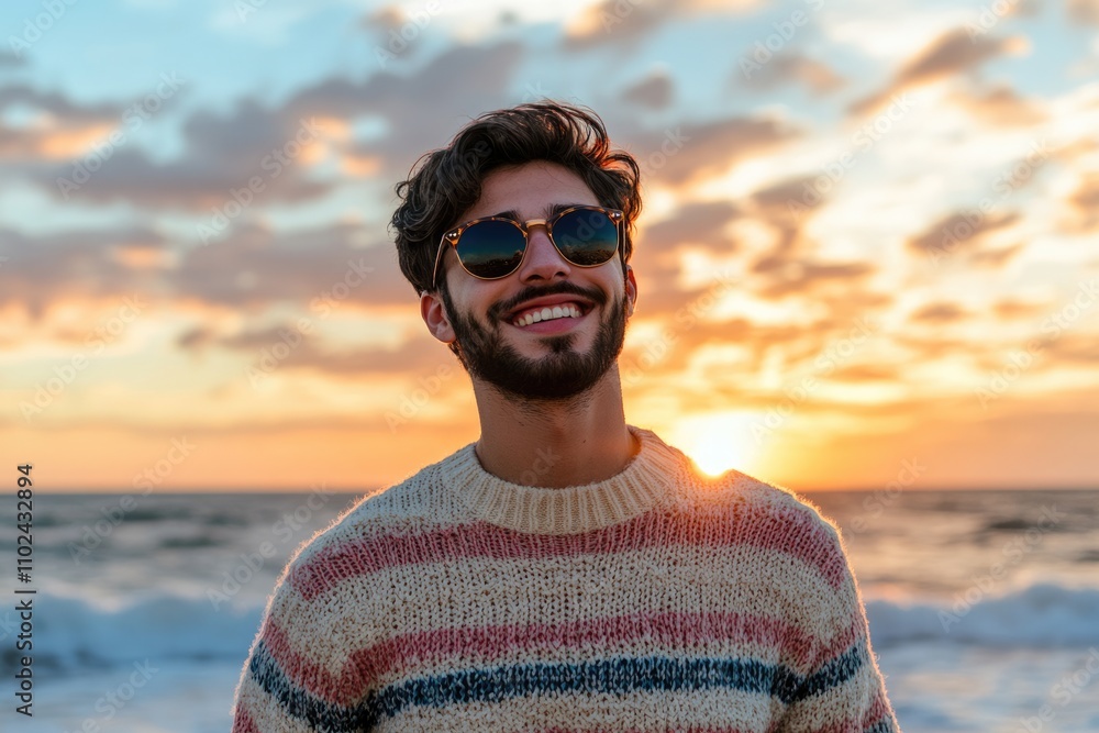 Joyful Young Arabic Man in Striped Sweater at Sunset Beach, Embracing Summer Vibes with Sunglasses and Ocean Breeze Joyful Young Arabic Man in Striped Sweater at Sunset Beach, Embracing Summer Vibes with Sunglasses and Ocean Breeze