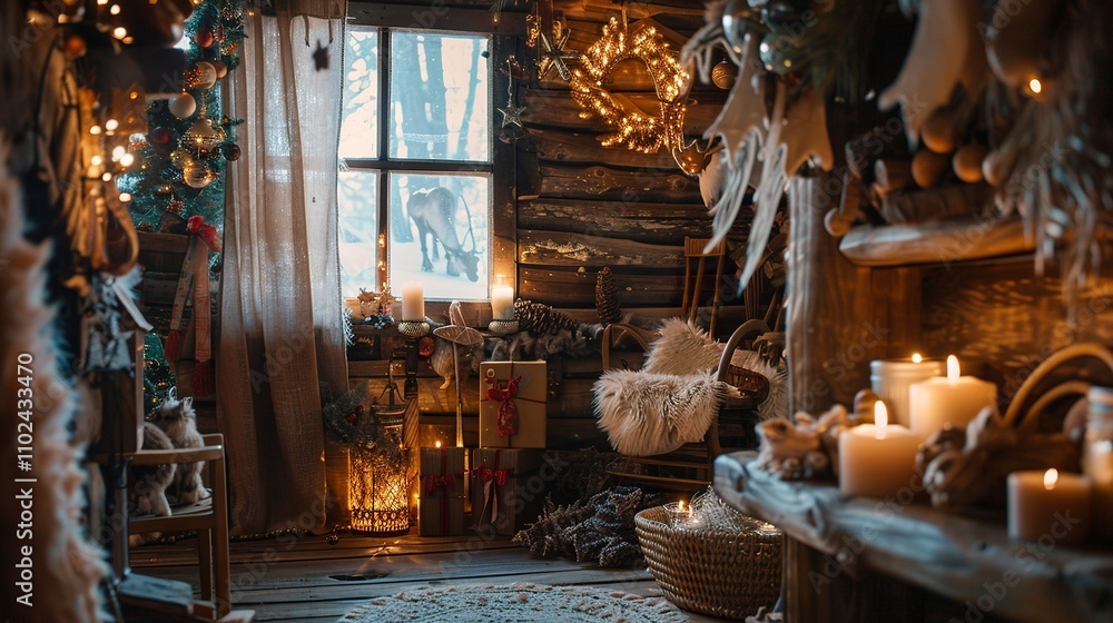 Rustic Christmas cabin with festive stockings, wreaths, and candles. Rustic Christmas cabin with festive stockings, wreaths, and candles.