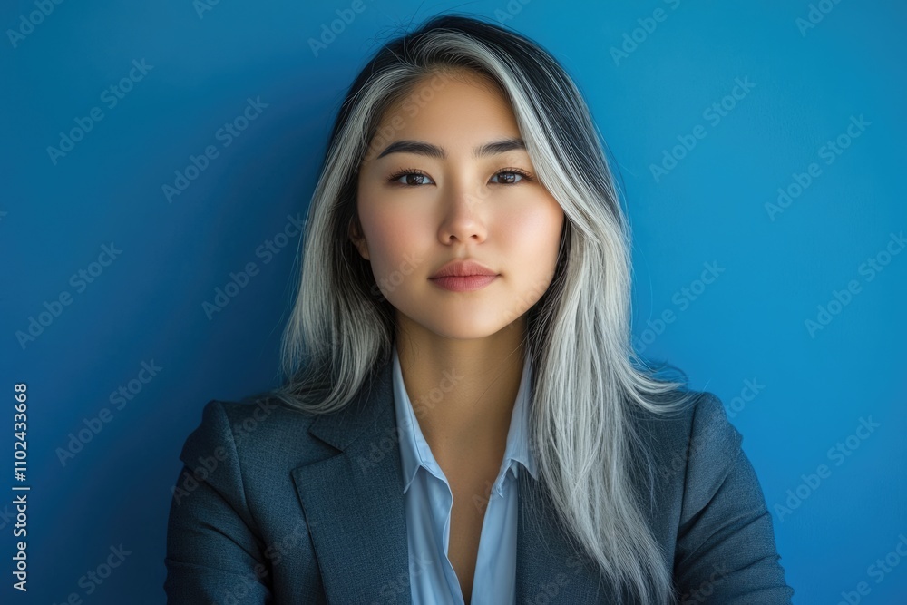Confident Young Asian Businesswoman Portrait Against a Blue Backdrop Confident Young Asian Businesswoman Portrait Against a Blue Backdrop