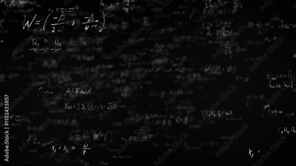 An abstract artistic representation of mathematical equations and symbols on a textured dark background