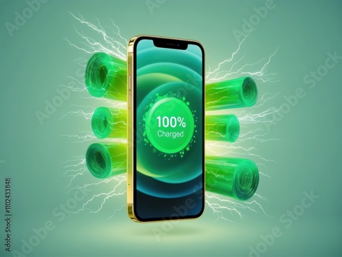 A smartphone displaying a 100% charged notification, symbolizing efficient modern technology photo