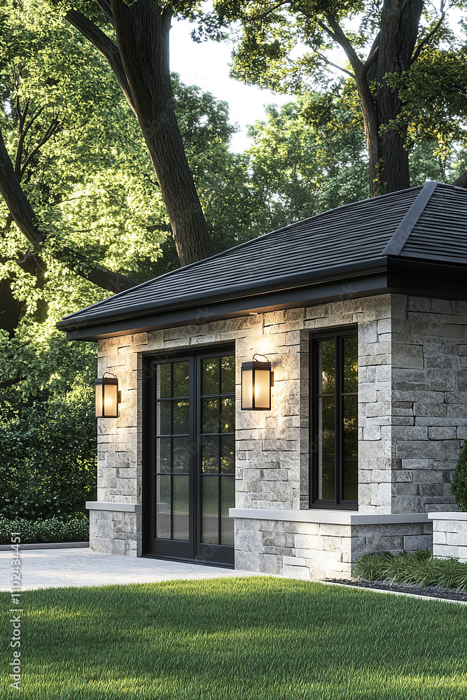 An outdoor wall light with a black steel frame and glass shade, mounted on the exterior side walls of a small stone garden shed. The roof is made of grey slate tiles. There is lush green grass. An outdoor wall light with a black steel frame and glass shade, mounted on the exterior side walls of a small stone garden shed. The roof is made of grey slate tiles. There is lush green grass.