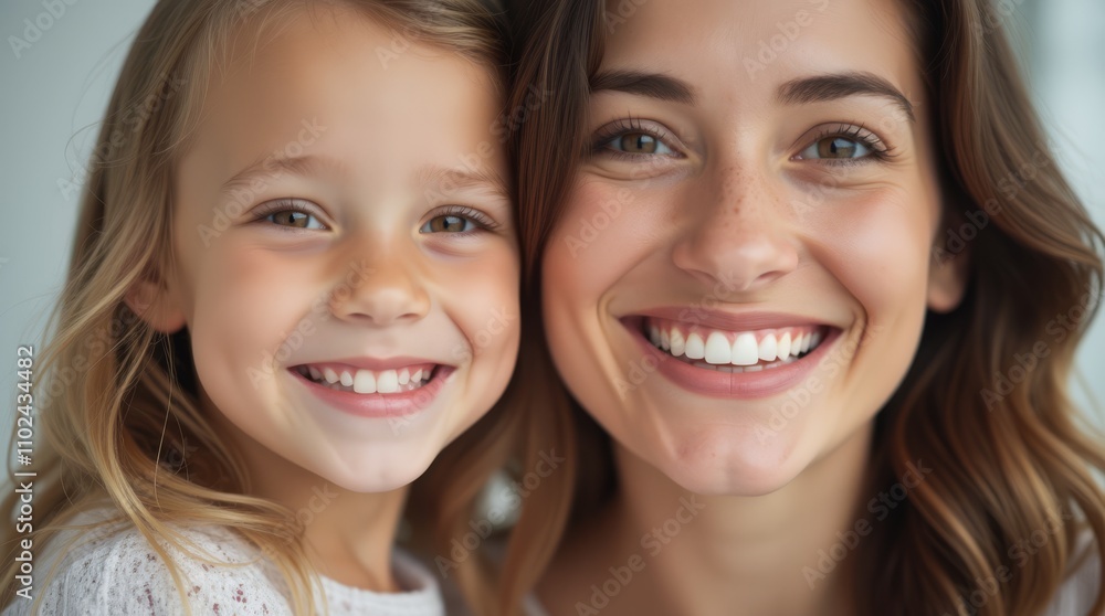 Mother and daughter with beautiful smiles in close-up. Mother and daughter with beautiful smiles in close-up.