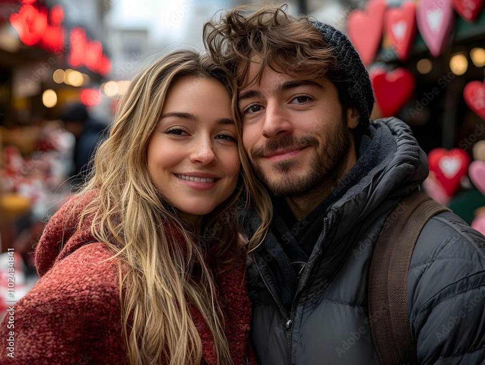 A young couple smiling warmly at a Valentine's Day market decorated with hearts, creating a cheerful and loving holiday atmosphere A young couple smiling warmly at a Valentine's Day market decorated with hearts, creating a cheerful and loving holiday atmosphere