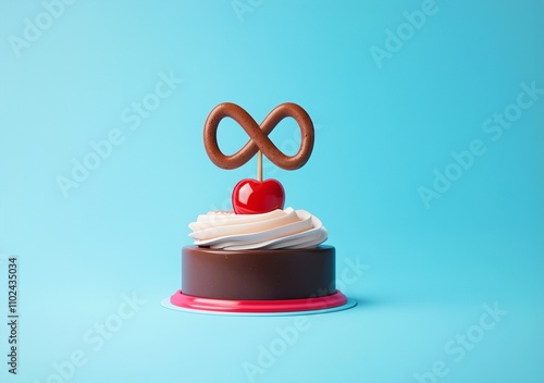 chocolate cake with cherry, creme and chocolate infinity sing as decoration, for anniversary celebration and similar occasions to show love. Blue background