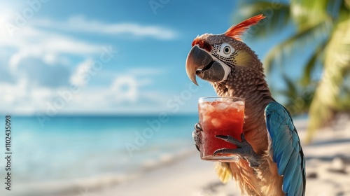 A vibrant parrot holds a refreshing iced red drink on a sunny beach, framed by blue skies and palm trees, capturing a tropical summer vibe perfectly. photo