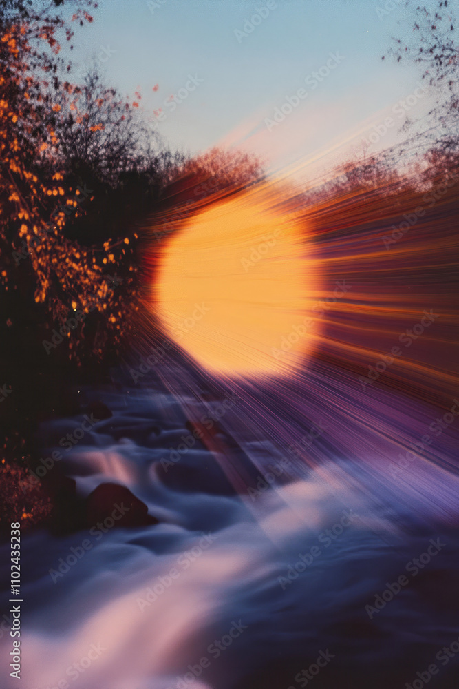 Fototapeta premium Sunset Over Flowing Water with Light Trails in Motion