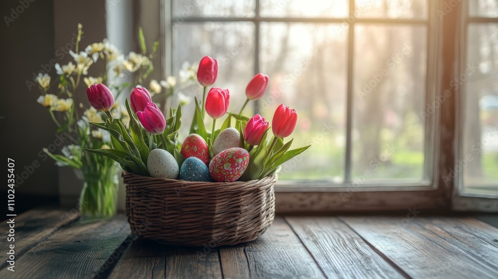Easter Basket with Tulips and Painted Eggs on Rustic Wooden Table by Sunny Window