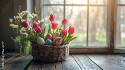 Obraz na płótnie Easter Basket with Tulips and Painted Eggs on Rustic Wooden Table by Sunny Window w salonie