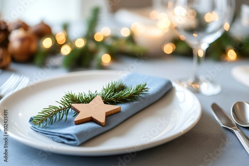 Beautiful table setting in white and blue colors with tablecloth and candles decorated with David star and green branches. Celebrating Hanukkah, Rosh Hashanah, New Year, Christmas, Passover, Shavuot photo