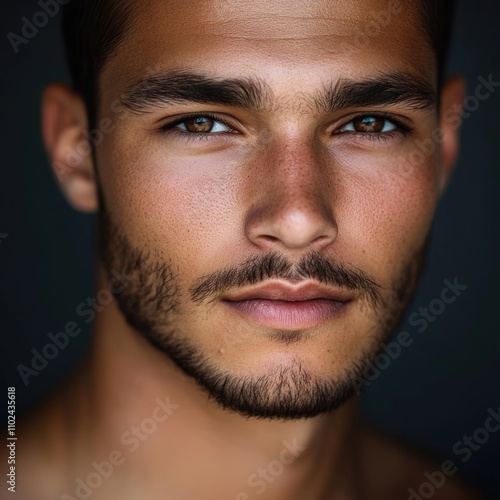 Striking Portrait of a Handsome Brunette Male Model with Light Brown Eyes Isolated on Dark Background