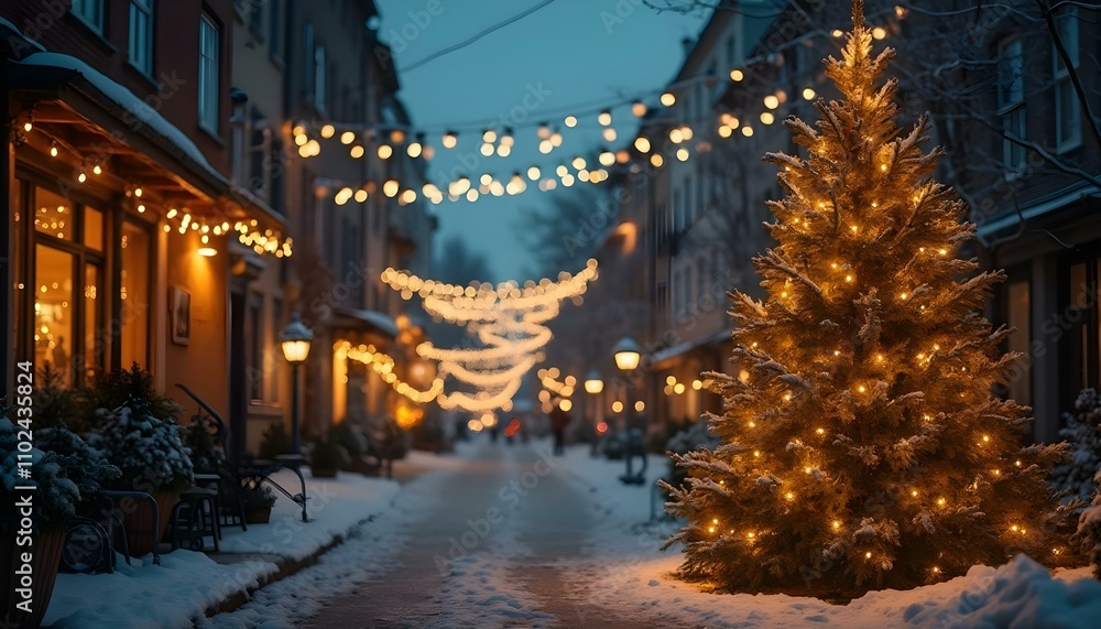 Fototapeta premium Christmas tree with lights and snow in the centre of the small city