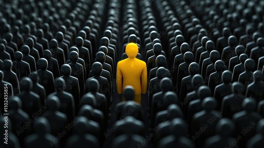 Fototapeta premium Yellow Figure Standing Out in a Crowd of Identical Black Figures Symbolizing Leadership and Individuality