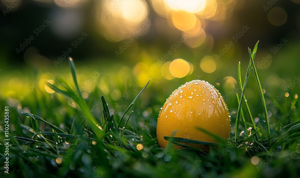 Golden Easter Egg with Dewdrops in Fresh Green Grass, Symbol of Spring and Renewal