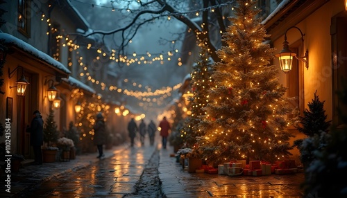 Wallpaper Mural Christmas tree with lights and snow in the centre of the small city Torontodigital.ca