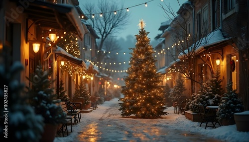 Wallpaper Mural Christmas tree with lights and snow in the centre of the small city Torontodigital.ca