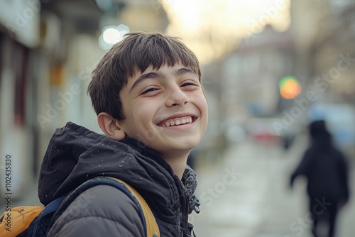 Joyful Adolescent: Beaming Teenager in Outdoor Street Setting