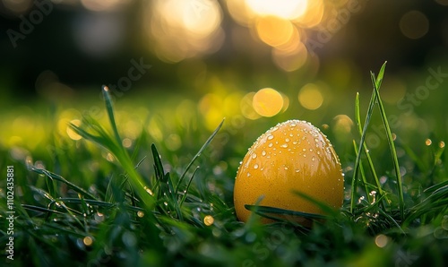 Obraz na płótnie Golden Easter Egg with Dewdrops in Fresh Green Grass, Symbol of Spring and Renewal w salonie