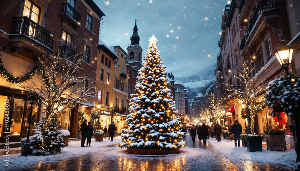 Christmas tree with lights and snow in the centre of the small city Christmas tree with lights and snow in the centre of the small city