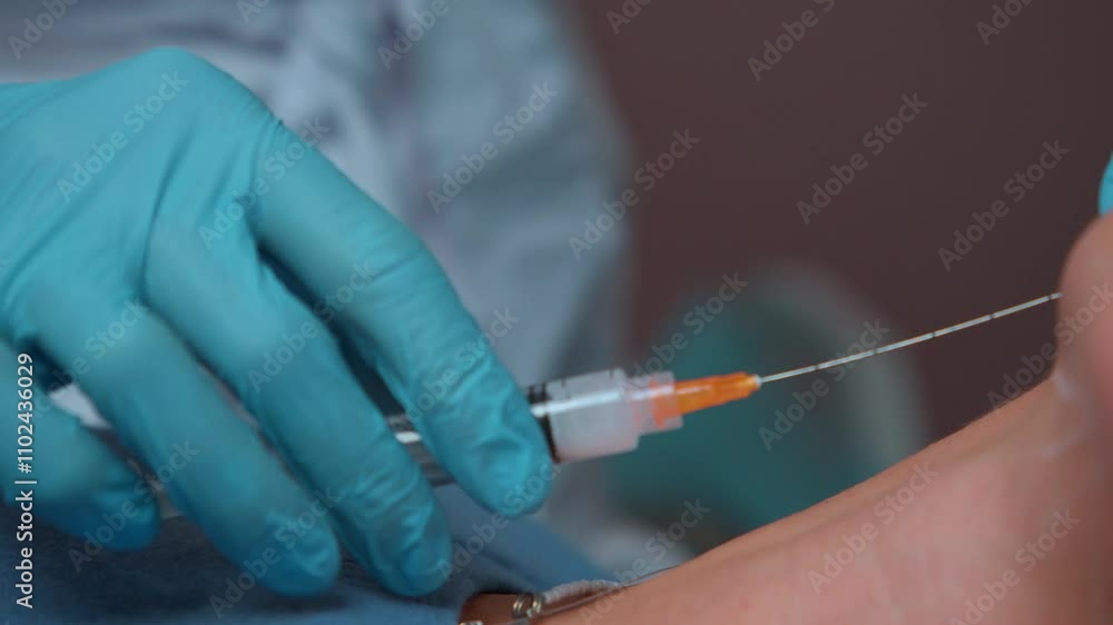 The hand of the beautician in protective gloves gives the patient an injection to create a lifting effect. Close-up The hand of the beautician in protective gloves gives the patient an injection to create a lifting effect. Close-up