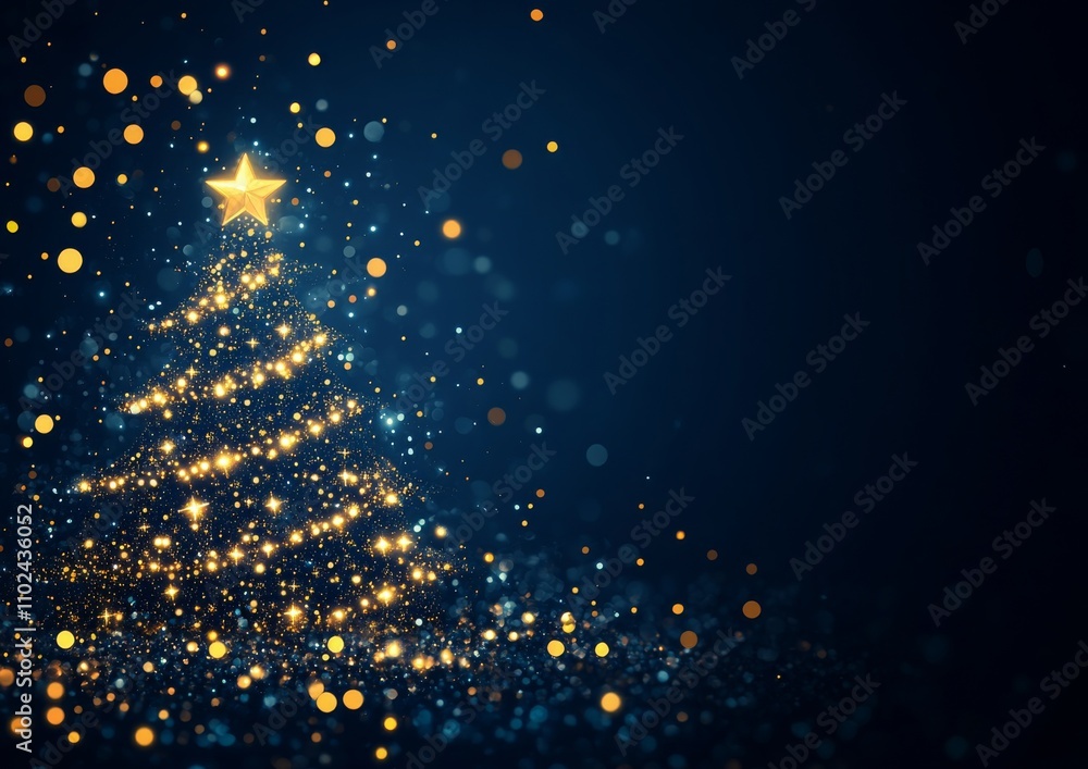 Golden Spiral Christmas Tree with Sparkling Bokeh on Elegant Dark Blue Background