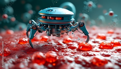 Nanobots inside the body destroying harmful cells. Visualization of microscopic worlds: nanobots moving through the bloodstream, interacting with cells. Sterile environment, photorealistic look