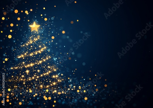 Obraz na płótnie Golden Spiral Christmas Tree with Sparkling Bokeh on Elegant Dark Blue Background w salonie
