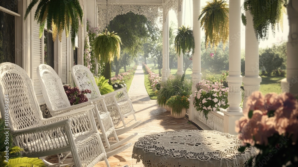 Fototapeta premium An opulent Victorian veranda with white wicker rocking chairs