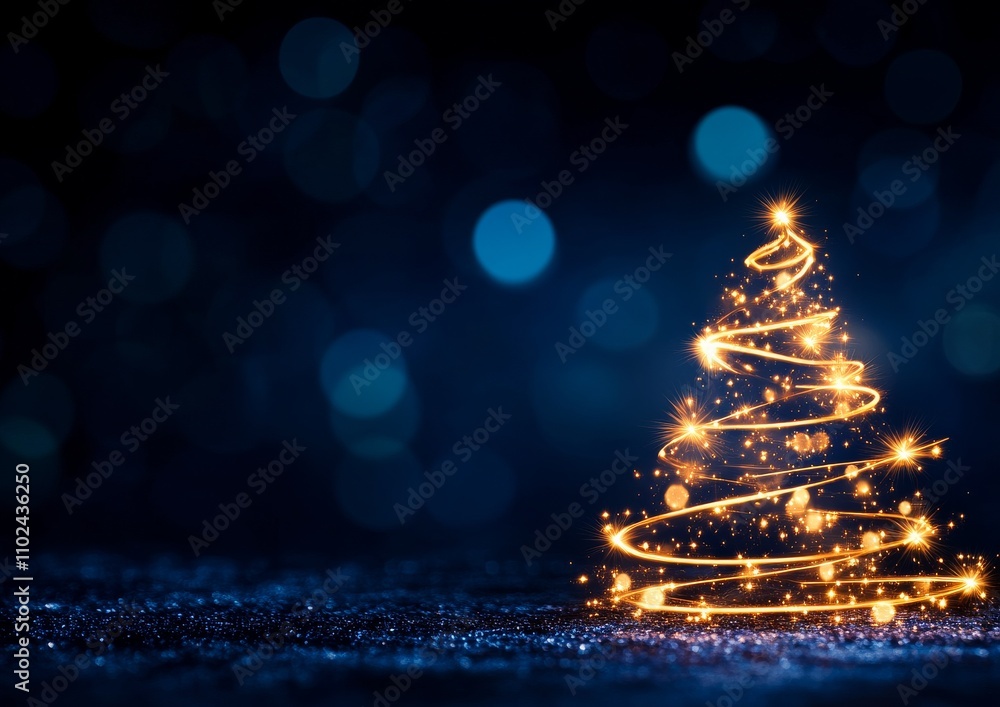 Minimalist Christmas Tree of Golden Lights with Star Topper on Blue Bokeh Background