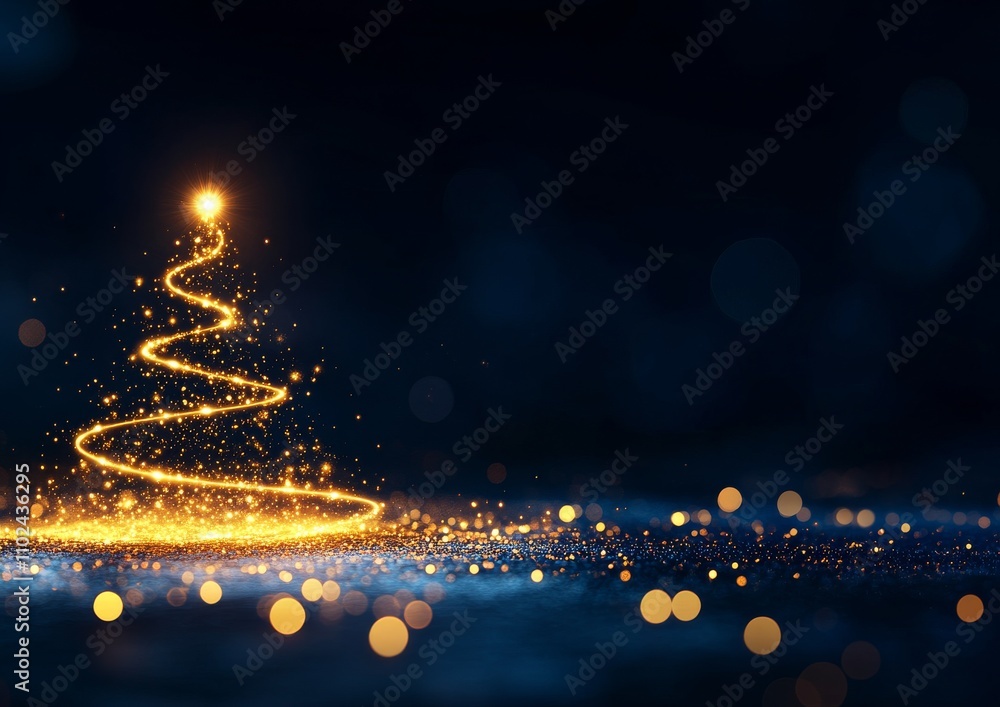 Golden Spiral Christmas Tree with Sparkling Bokeh on Elegant Dark Blue Background