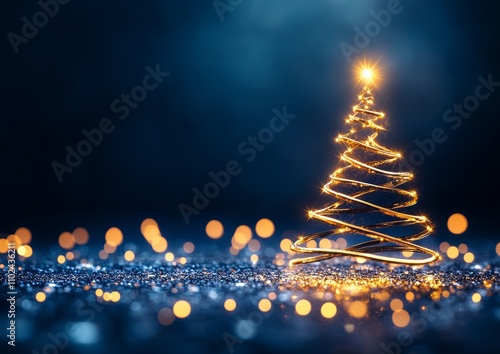 Minimalist Christmas Tree of Golden Lights with Star Topper on Blue Bokeh Background