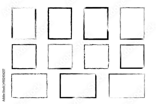 Set of rectangular and square grunge frames. Vector illustration of textured linear shapes drawn with rough brushes